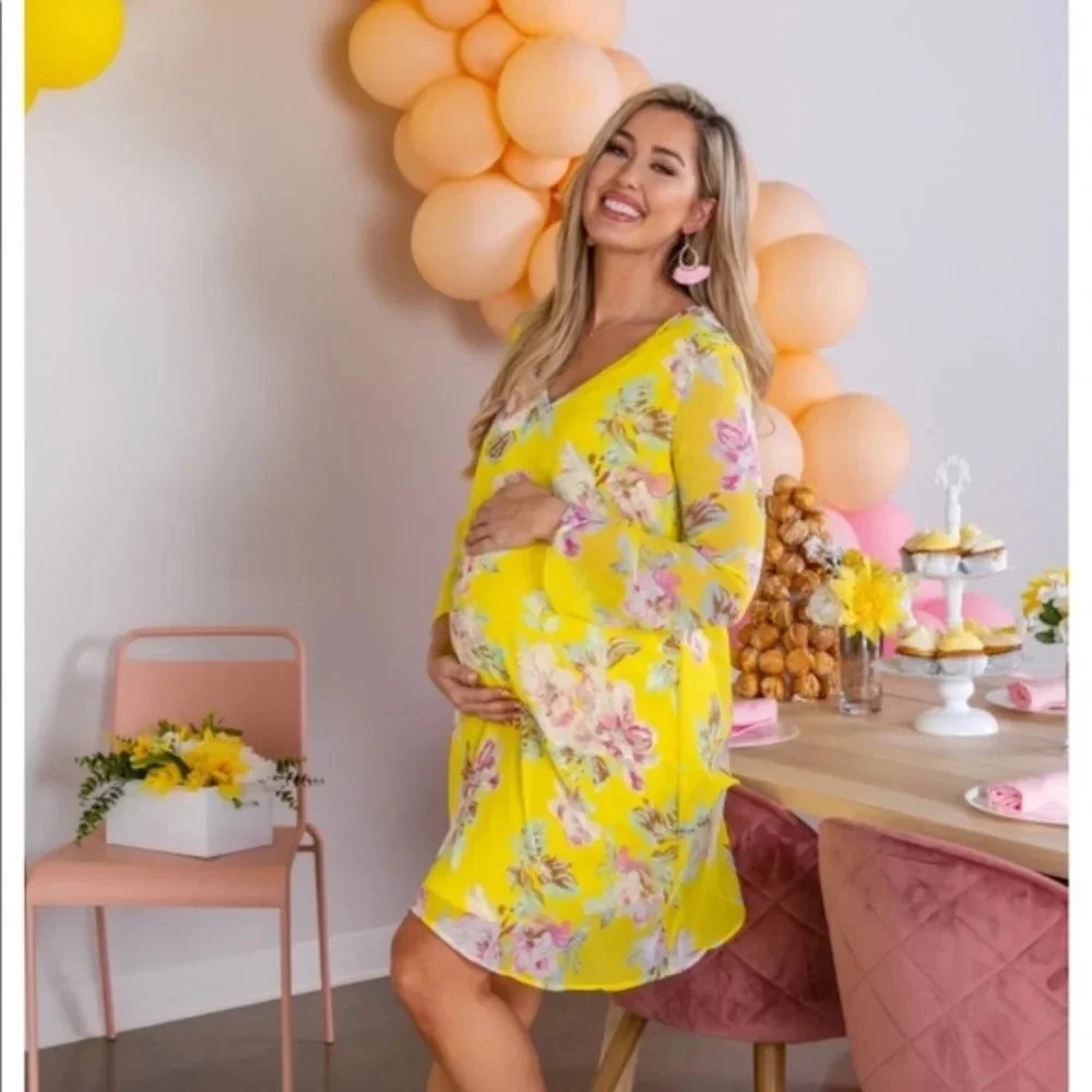 PinkBlush Yellow Floral‎ Printed Chiffon maternity